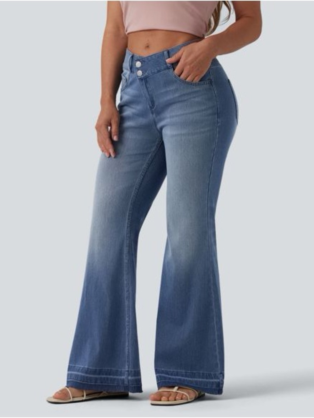 Halara flex asymmetrical mid-rise casual flare jeans with pockets